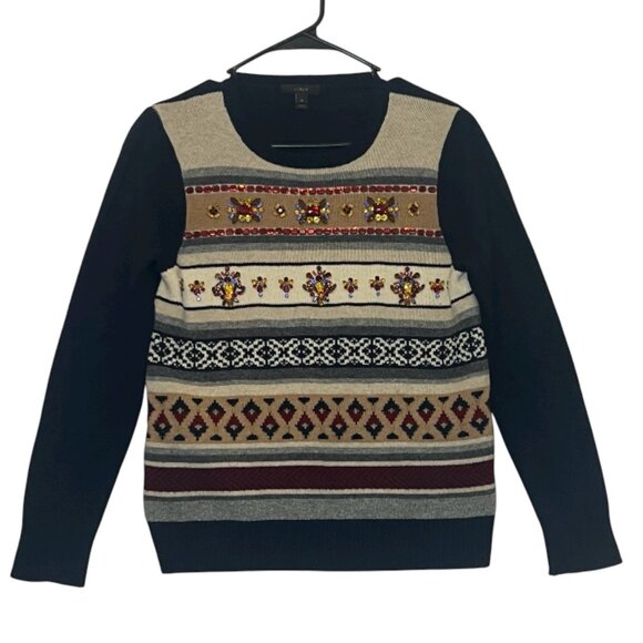 J CREW Women’s 100% Wool Fair Isle Stripe Sweater Medium Size Blue Rhinestone - Picture 1 of 9